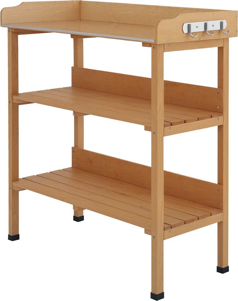 Outsunny 3-Tier Fa Ültető Asztal Kertészet Asztal Fém Felülettel, 2 Polccal és Akasztókkal, Időjárásálló Kert Terasz Erkély 76x37x89 cm Természetes Fa