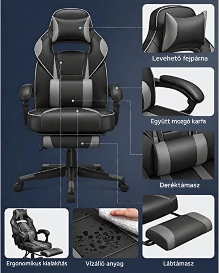 Ergonomikus irodai szék kihúzható lábtartóval, 90–135°-ban dönthető, 150 kg-ig, fekete-szürke