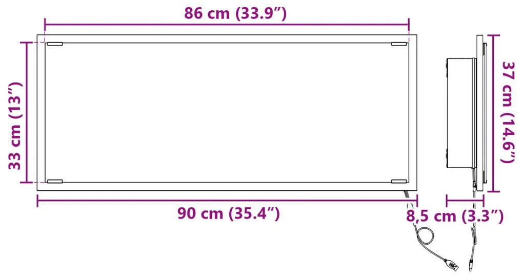 LED Fürdőszoba Tükör Füstölt Tölgy 90x8,5x37 cm Műanyag