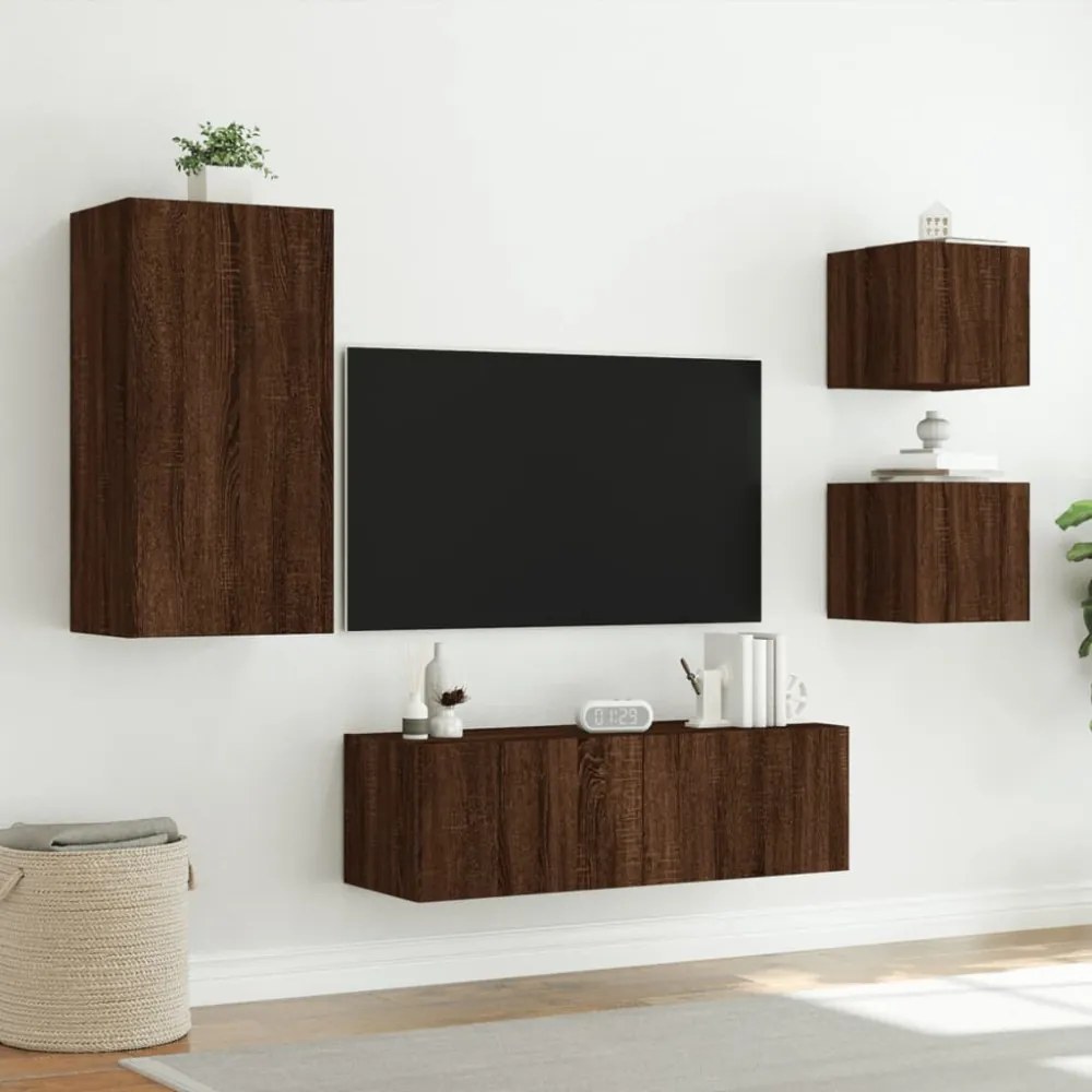 4 darab barna tölgyszínű falra szerelhető TV-szekrény LED-del