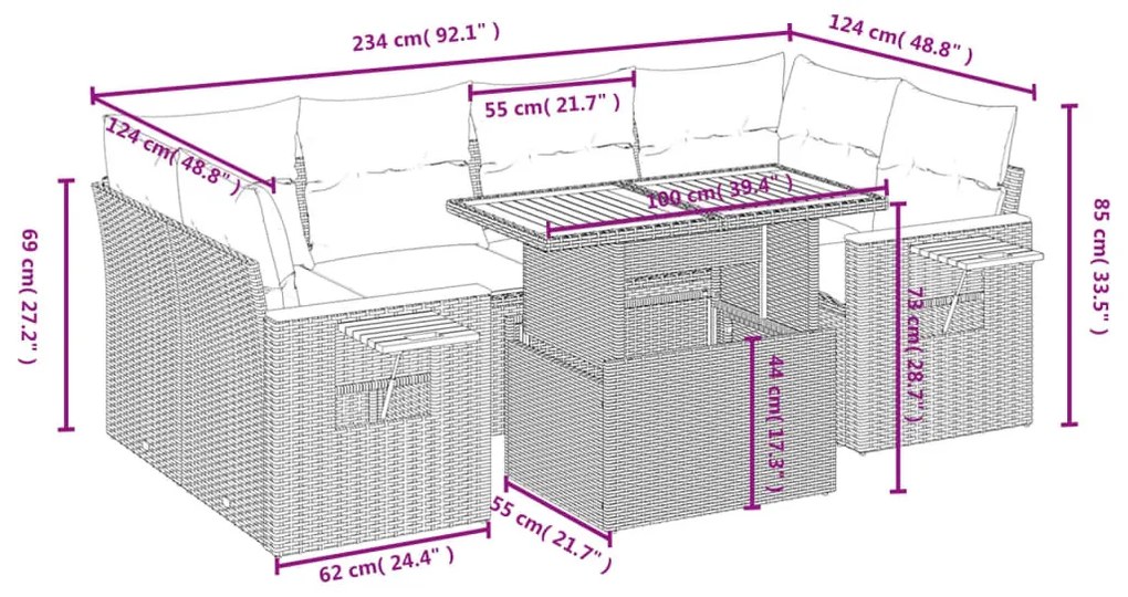 7 részes fekete polyrattan kerti ülőgarnitúra párnával