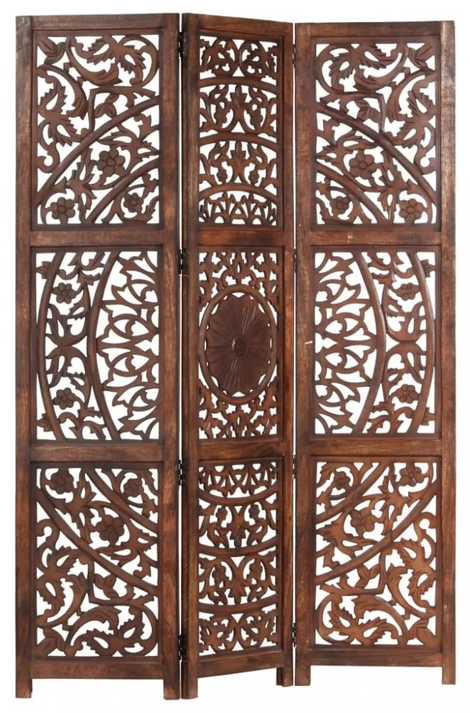 3 paneles barna kézzel faragott mangófa térelválasztó 120 x 165