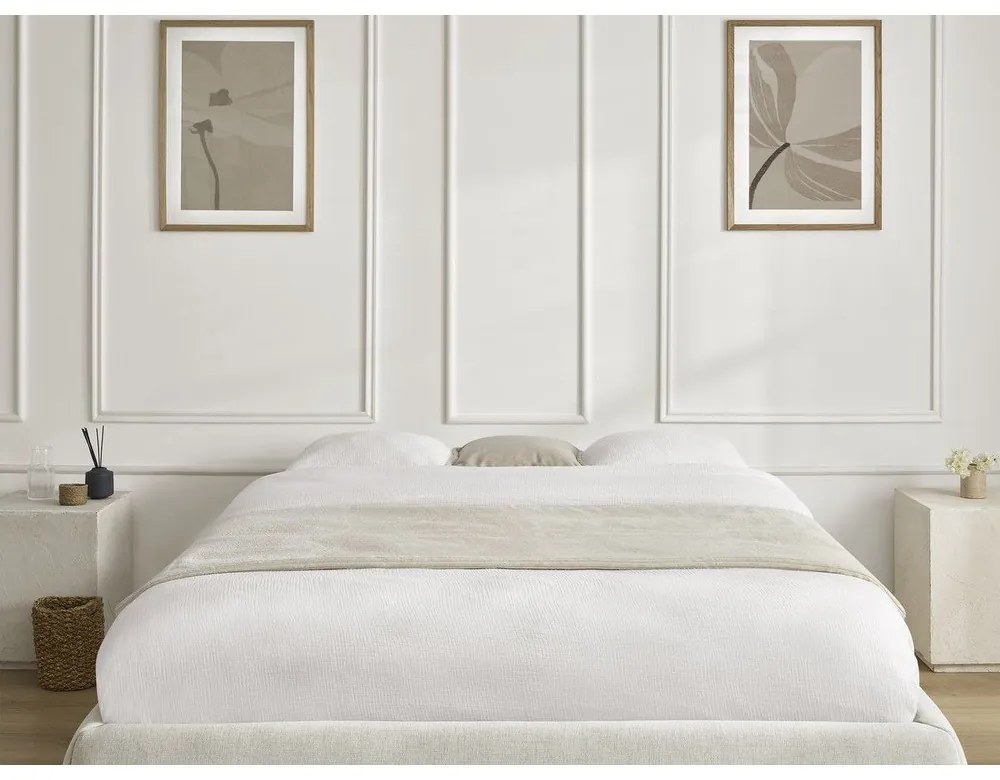 Bézs kárpitozott ágyneműtartós-ágytámla nélkül franciaágy ágyráccsal 160x200 cm Inera – Bobochic Paris