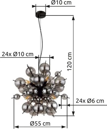 Globo 15633HS Függeszték fém fekete matt, füstszínű üveggömbök, fekete PVC kábel, magassága rövidíthető, ø: 550mm, M: 1200mm, üveggömbök átmérője: 24 x 6 cm, 24 x 10 cm, 6x E14 25W 230V izzók nélkül