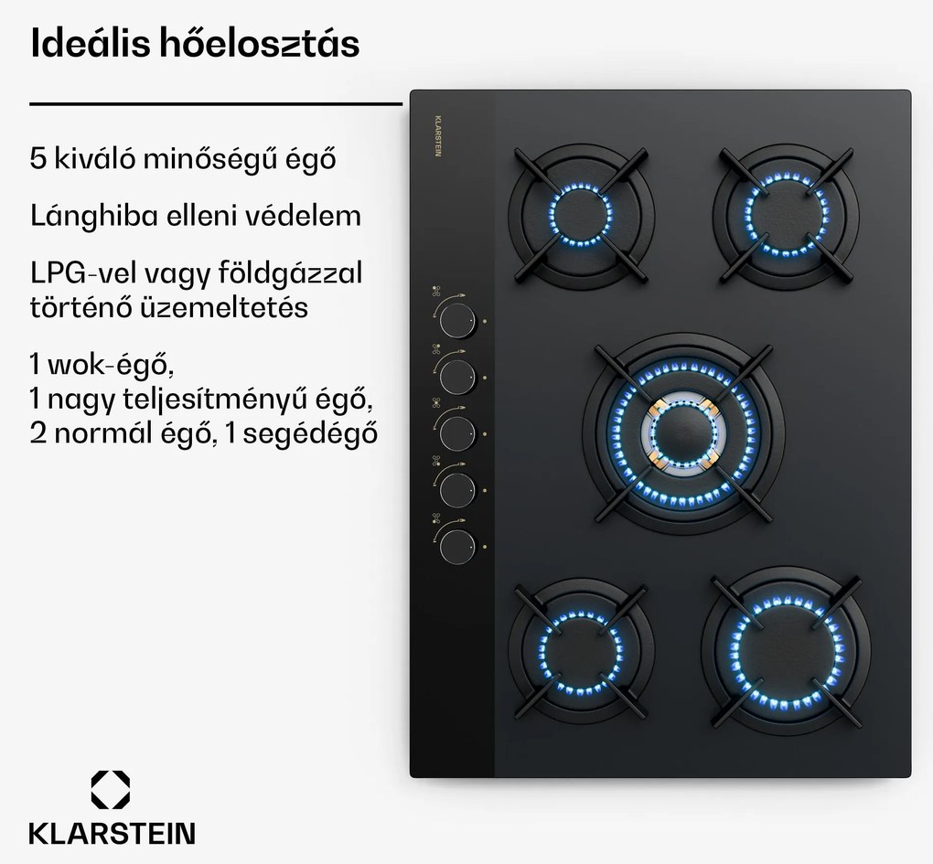 Klarstein Goldflame Nano gáz főzőlap, 5 sárgaréz égő, Nano bevonat, LPG/földgáz