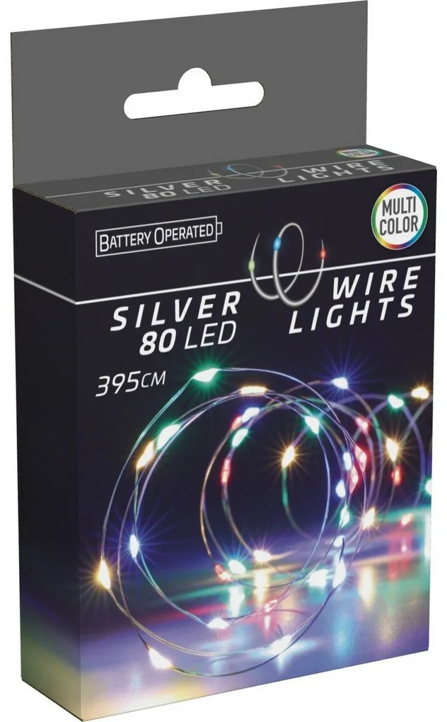 Silver fénydrót, 4 m, 80 LED, színes, elemes