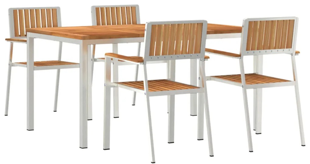 5 Részes Kerti Étkezőszett Tömör Fa Tikfa, Kültéri Étkezőasztal 150x90x75 cm Tömör Fa Tikfa, Rakásolható Kerti Székek 4 db Tömör Fa Tikfa és Fém