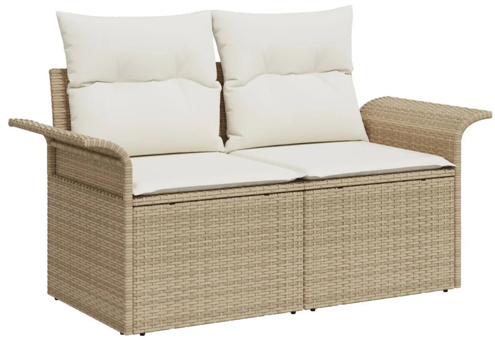 7 Részes Kert Sofa Szett Párnákkal Bézs Poli Rattan, 2-Személyes Kert Sofa Tárolóval és Párnákkal Bézs Poli Rattan