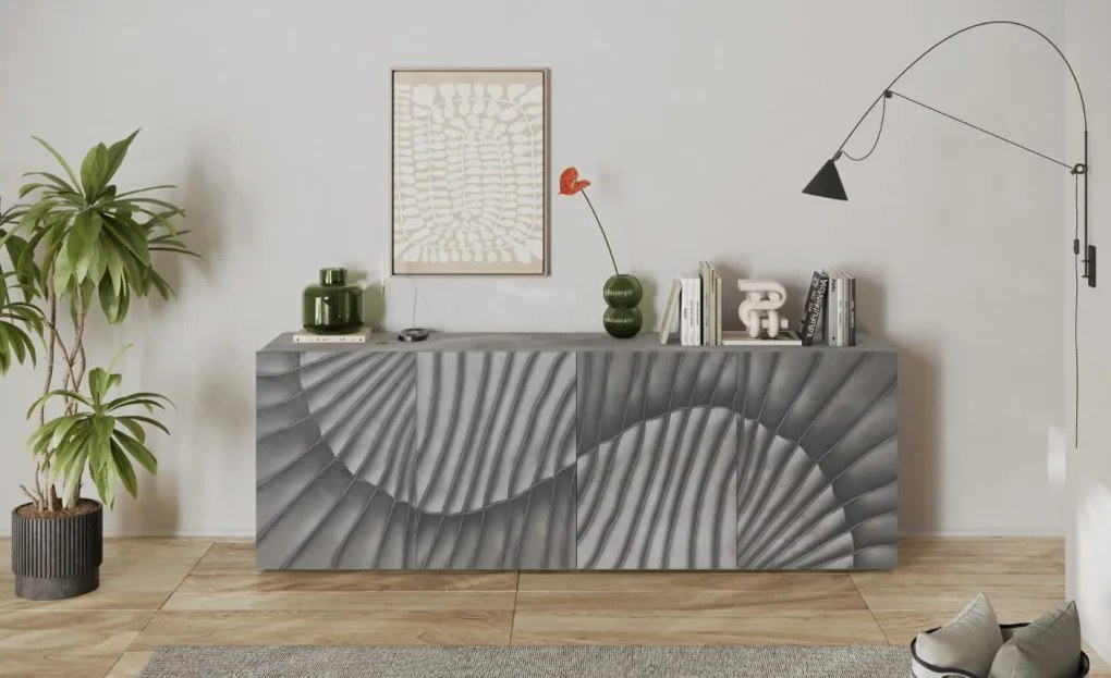 SNAKE négyajtós komód, betonhatású laminált testtel és szürke, díszített mintázatú előlapokkal