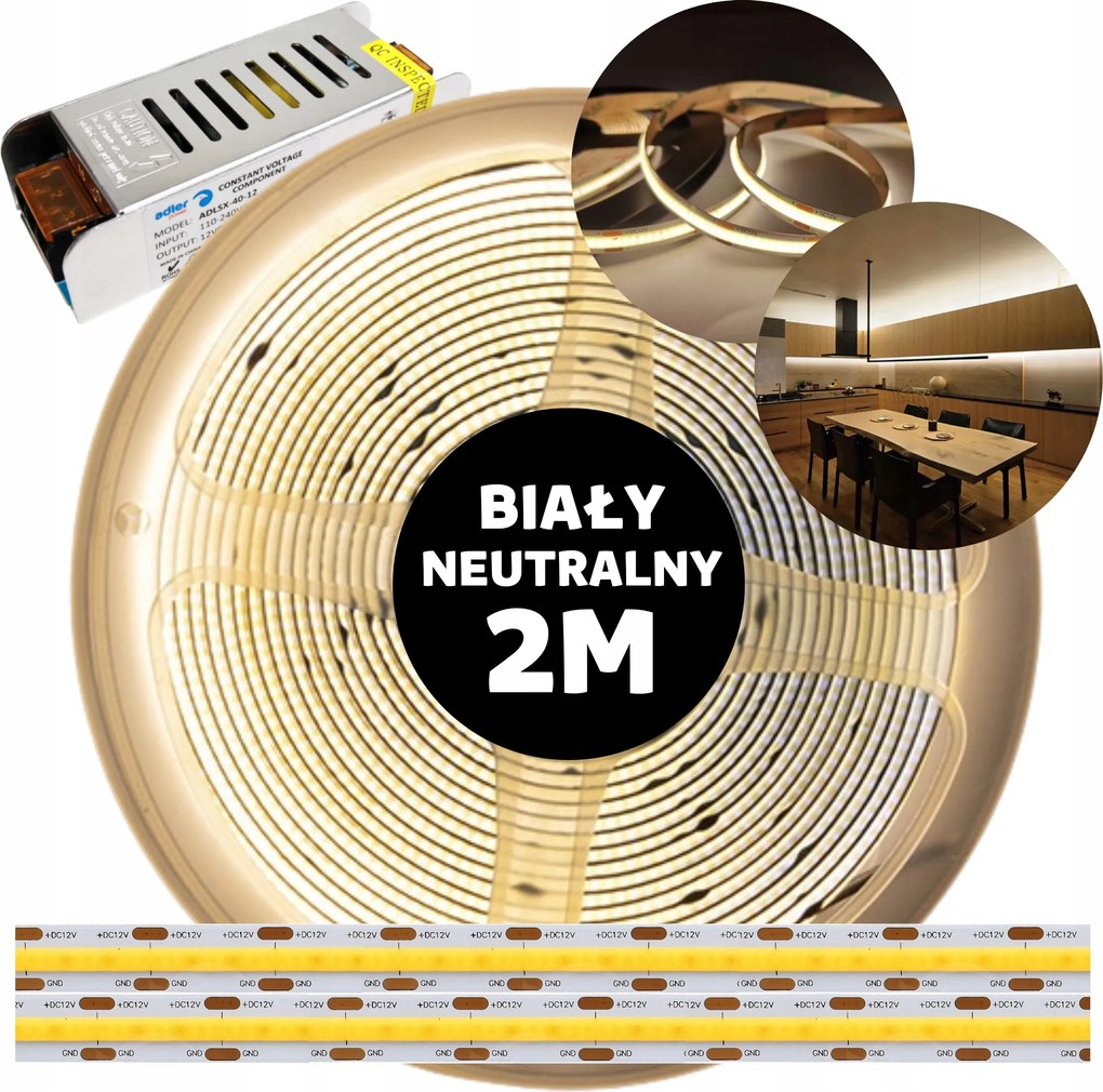 Led szalag Cob folyamatos vonal neon tápegységgel fehér semleges 12V 2M