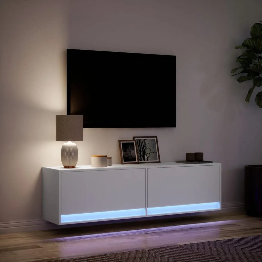 fehér falra szerelhető TV-szekrény LED-ekkel 140 x 31 x 38 cm