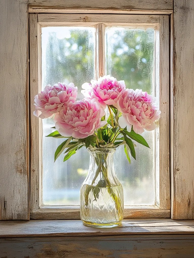 Vászonkép Canvas Ablak Dekoráció Váza Virágok Bazsarózsa Csokor 75x100