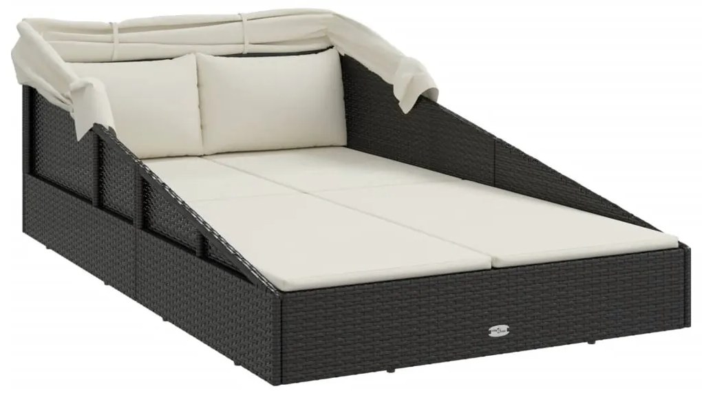 fekete polyrattan napágy összecsukható tetővel 200x114x128 cm