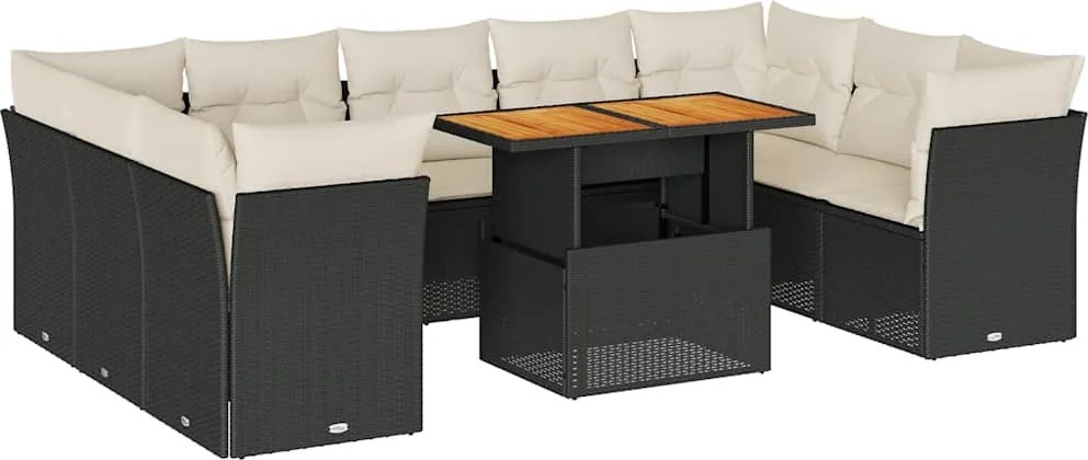 vidaXL 10 részes fekete polyrattan kerti ülőgarnitúra párnákkal
