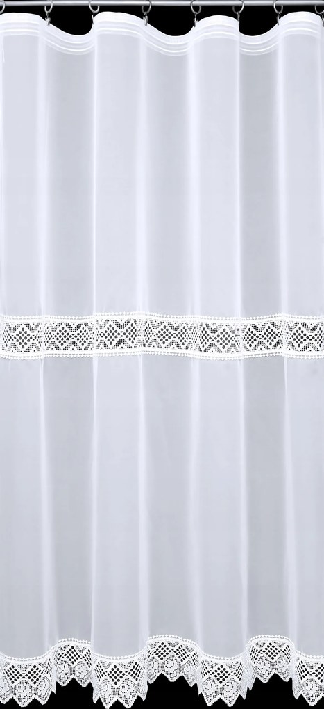 Kész, fehér voile függöny dupla, díszes csipkével, 300 cm széles x 250 cm magas.