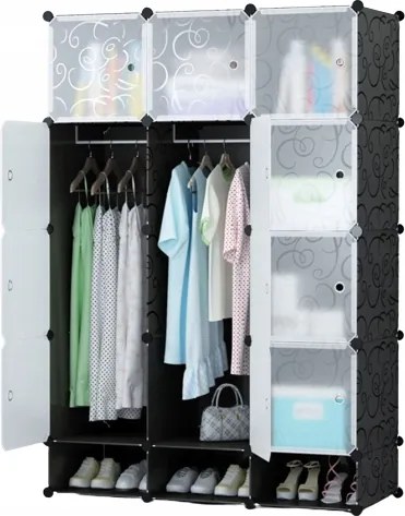 Nagy Moduláris Szekrény Gardróbszekrény 12X Fekete Összecsukható Szekrény Tágas XXL
