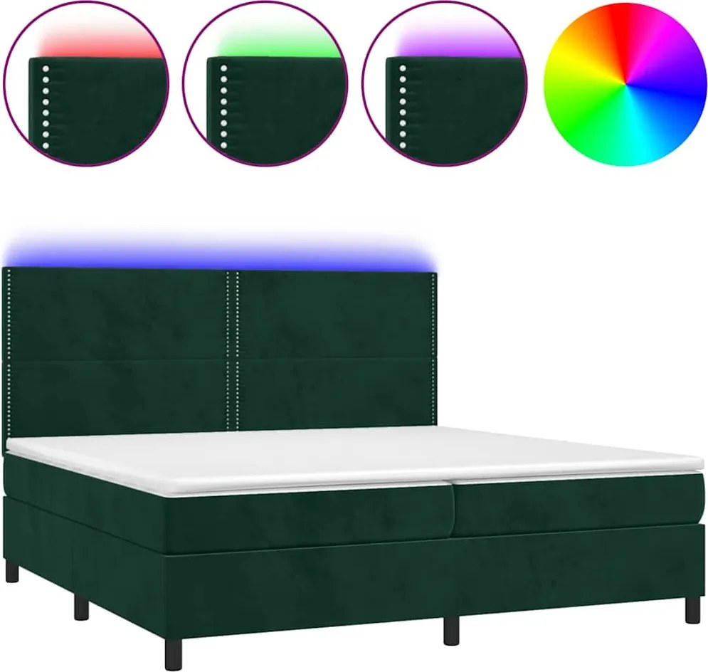vidaXL sötétzöld bársony rugós és LED-es ágy matraccal 200x200 cm