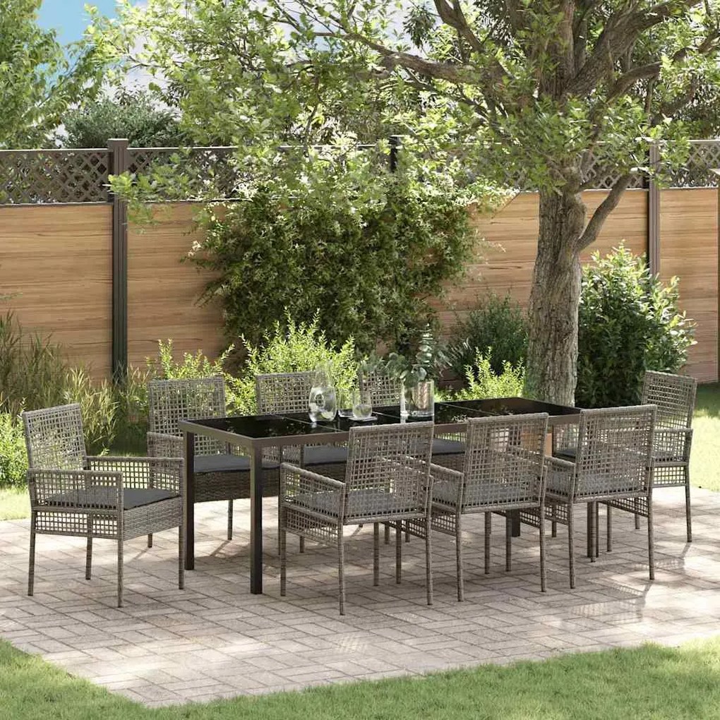 vidaXL Kert étkező szett párnával 9 pcs Szürke polirattan