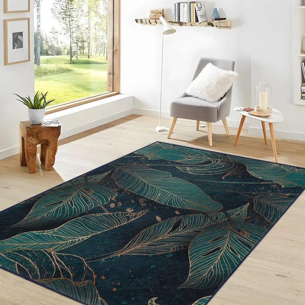 Petróleum színű mosható futószőnyeg 80x200 cm Midnight Jungle – Mila Home
