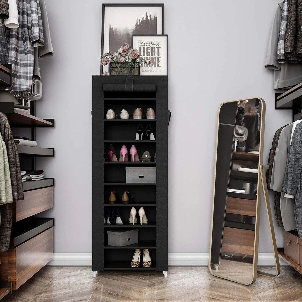 Cipőtartó, 9 szintes cipőszervező fedéllel, 27-35 pár cipőhöz, fekete