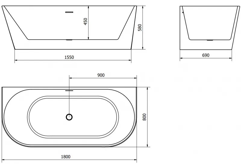 Mexen Oval, szabadon álló fali kád 180 x 80 cm, fehér, arany matt túlfolyó, 52671808000-55
