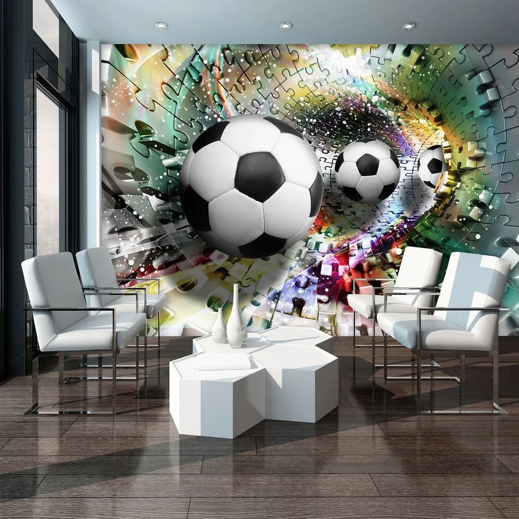 Fotótapéta - Futball-labdák egy 3D-s puzzle alagútban (152,5x104 cm)