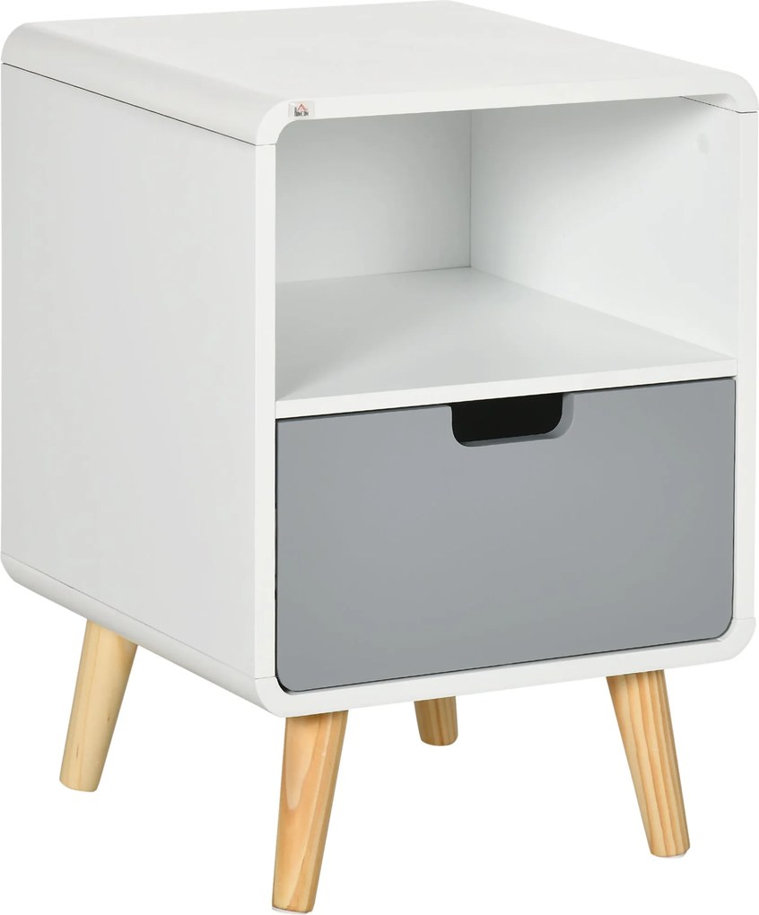 HOMCOM Éjjeli szekrény, fiókos éjjeli asztal, nyitott rekesszel rendelkező éjjeli asztal, oldalasztal hálószobába, nappaliba, Fehér, 40 x 38 x 58 cm |