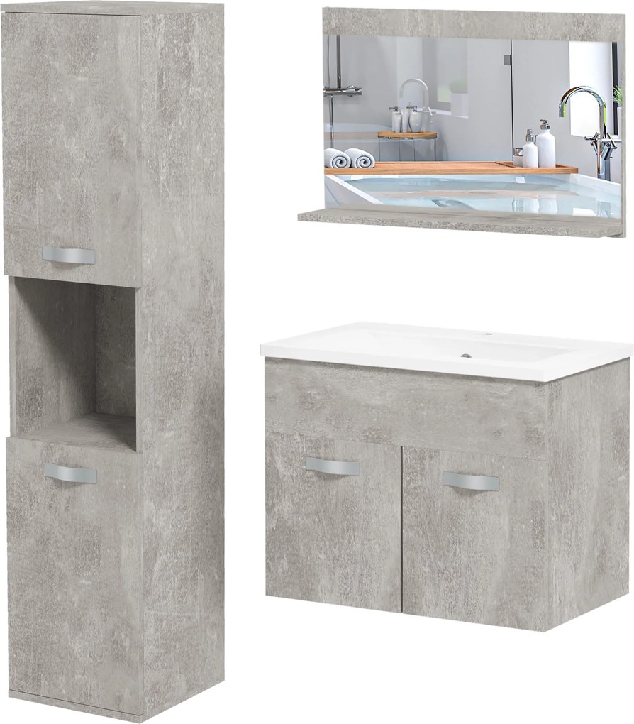 Kleankin 3 részes Fali Fürdőszobai Bútor Készlet Kerámia Mosdóval, Tükörszekrénnyel és Modern Stílusú Fürdőszobai Oszloppal Szürke | Aosom