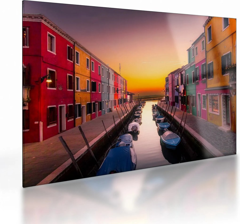 Kép - Naplemente, Burano sziget, Velence, Olaszország (üvegen) (70x50 cm)
