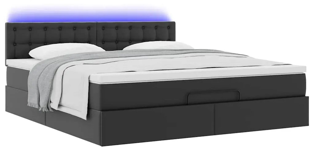 fekete műbőr ottomán ágy matracokkal &amp; LED-ek 160x200cm
