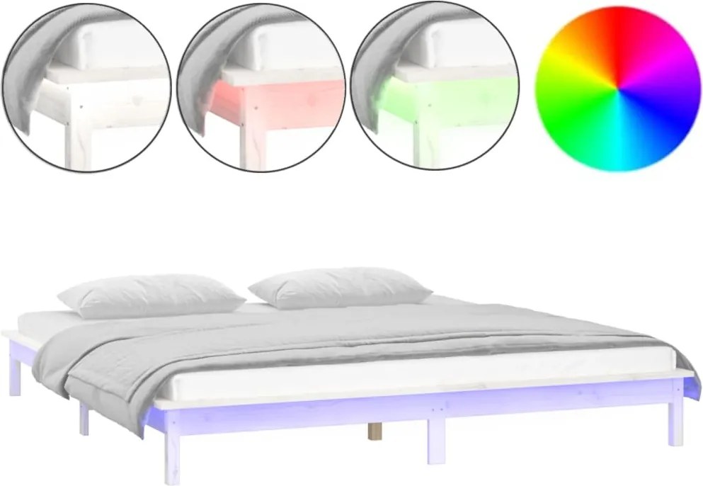 vidaXL fehér tömör fa ágykeret LED-világítással 120 x 200 cm