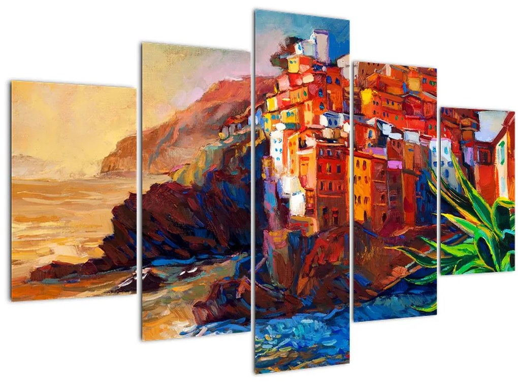 Kép - Falu Cinque Terre partján, az olasz riviérán, modern impresszionizmus (150x105 cm)