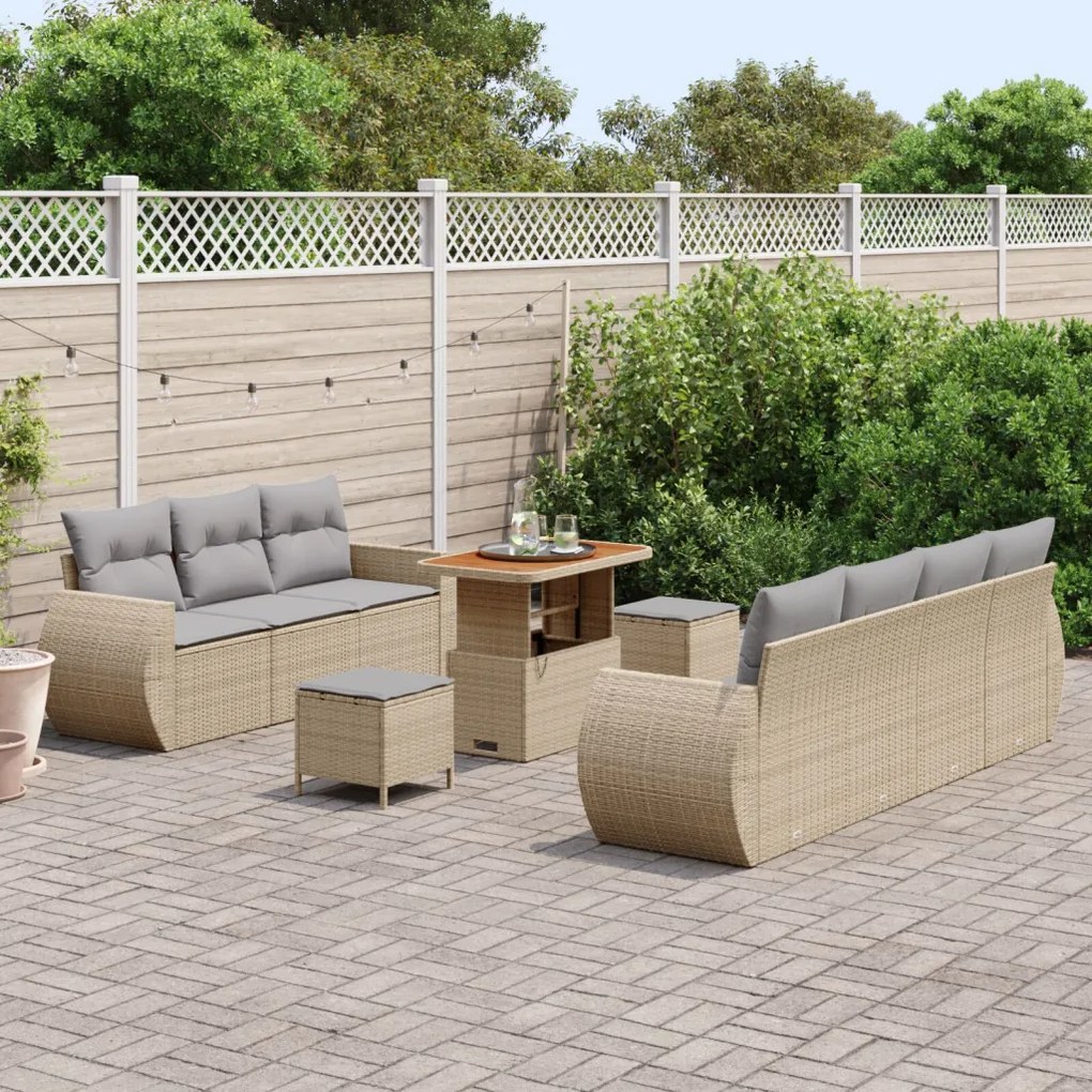 10 Darabos Kert Sofa Szett Párnákkal Bézs Műrattan Akácia, 3 Darabos Kert Étkező Szett Párnákkal Bézs Műrattan Akácia