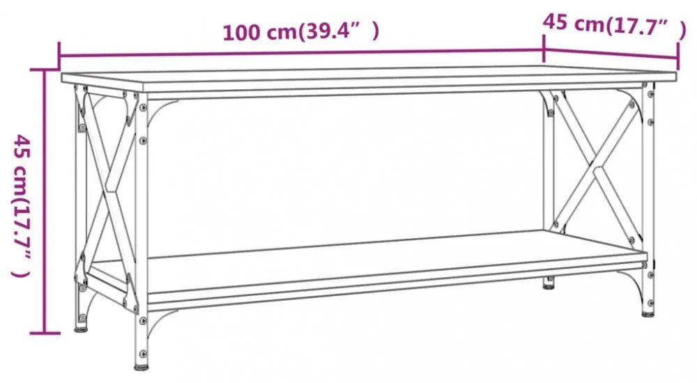 füstös tölgy szerelt fa és vas dohányzóasztal 100 x 45 x 45 cm