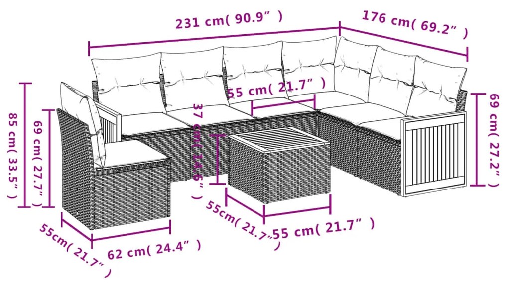 7 részes szürke polyrattan kerti ülőgarnitúra párnákkal