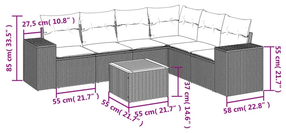 7 részes fekete polyrattan kerti ülőgarnitúra párnával