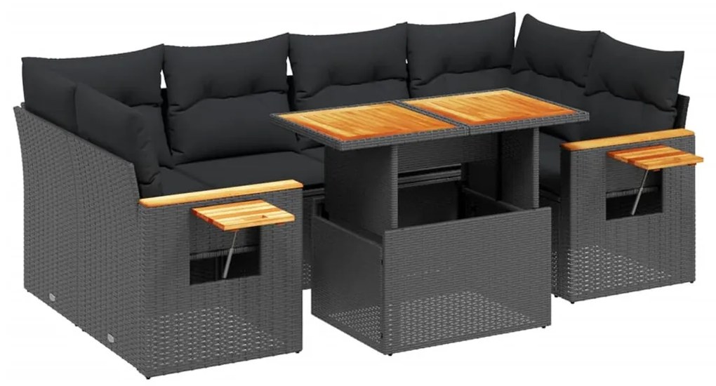 7 részes fekete polyrattan kerti ülőgarnitúra párnával