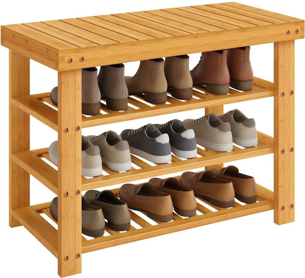 SONGMICS bambusz cipőpad 3 polccal, 70 x 28,7 x 52 cm, természetes színű