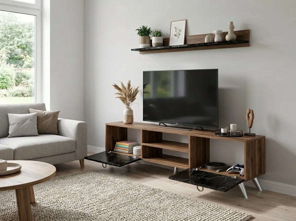 TV állvány ZEN 160 cm fali polccal, dió/fekete márvány dekoráció