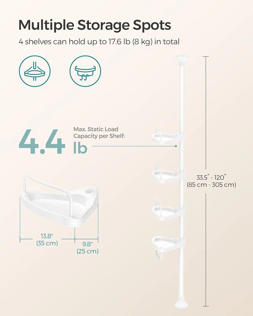 Állítható teleszkópos fürdőszobai sarokpolc, 85-305 cm