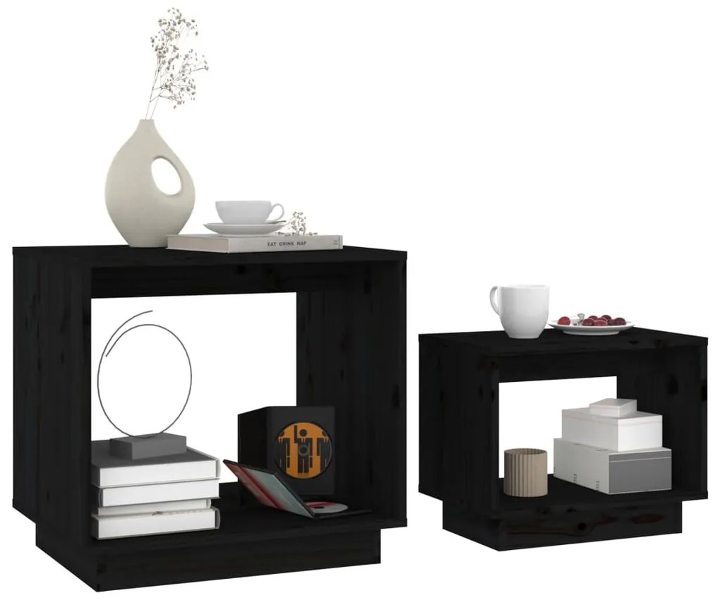 2 db fekete tömör fenyőfa rakásolható dohányzóasztal