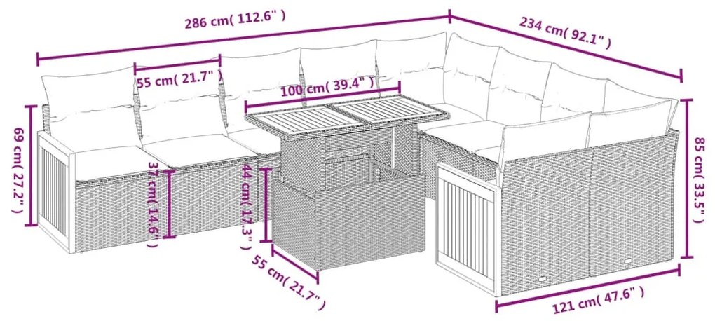 10 részes bézs polyrattan kerti ülőgarnitúra párnával