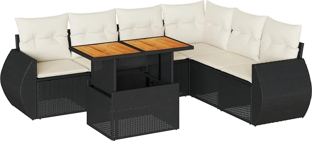 vidaXL 7 részes fekete polyrattan kerti ülőgarnitúra párnával