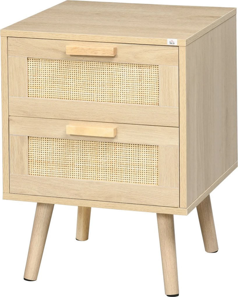 HOMCOM Bohém Stílusú Éjjeliszekrény 2 Rámás Fiókkal és Fa Lábakkal 40x40x56 cm Természetes | Aosom