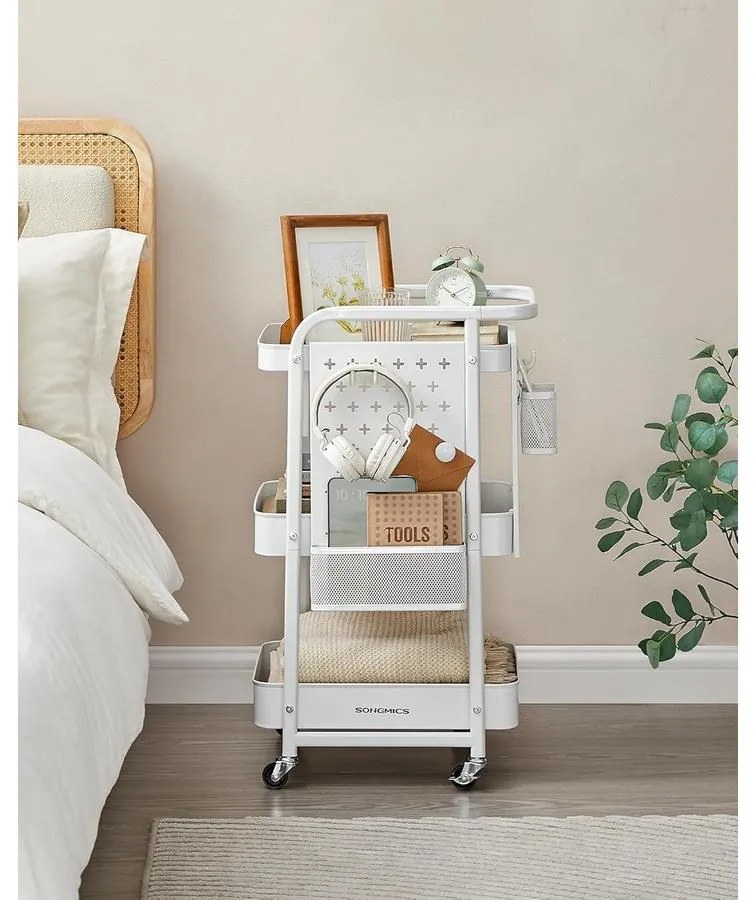 Tárolókocsi 3 fémhálós polccal fehér színben