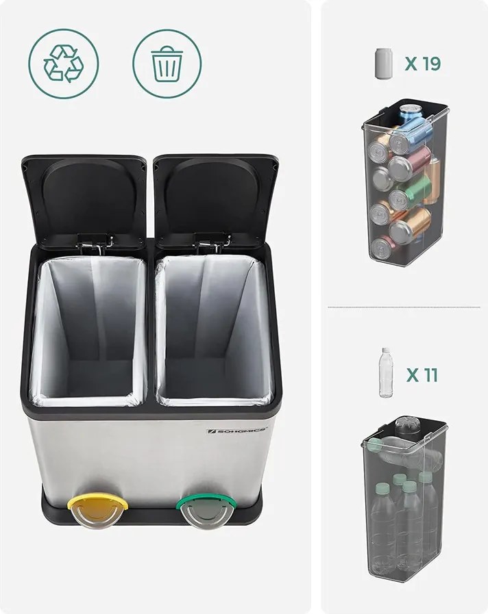 Szemétgyűjtő, szelektív hulladékgyűjtő, acél, 30 liter, 2 x 15L