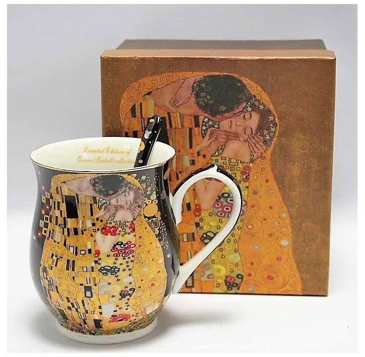 Klimt porcelán öblös bögre kanállal 350 ml A Csók Fekete kör