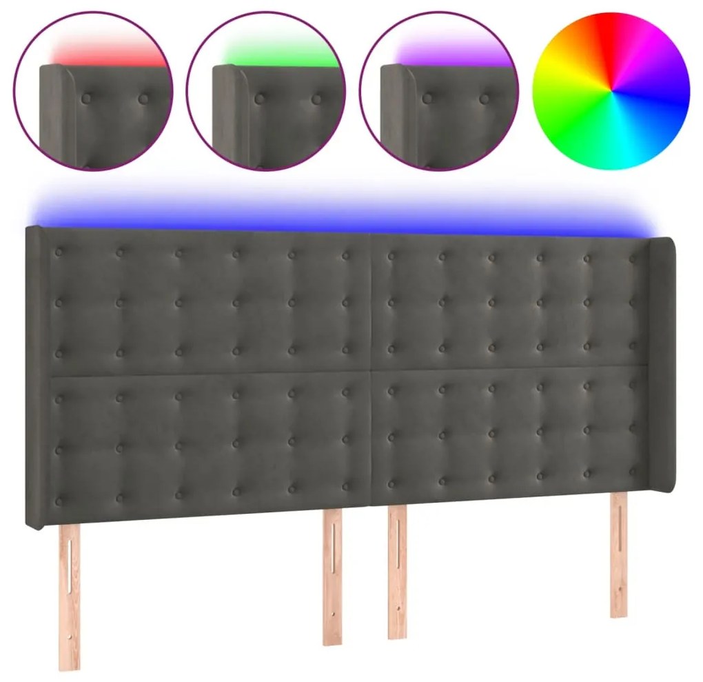 sötétszürke bársony LED-es fejtámla 203x16x118/128 cm