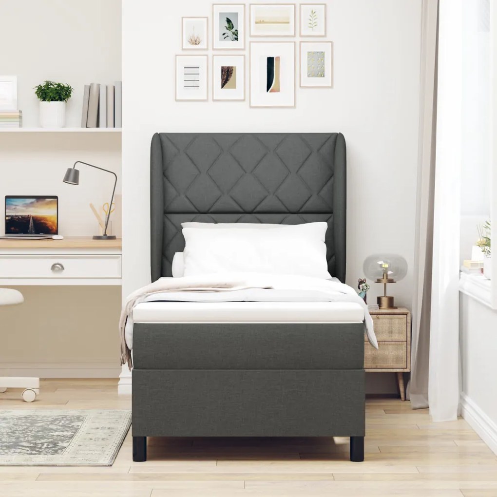 Boxspring Ágy Mattal - Sötétszürke, 90x190 cm, Szövet