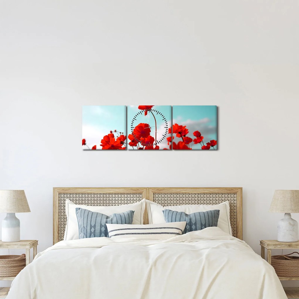 Fényes piros virágokkal rendelkező mező képe (órával) (90x30 cm)
